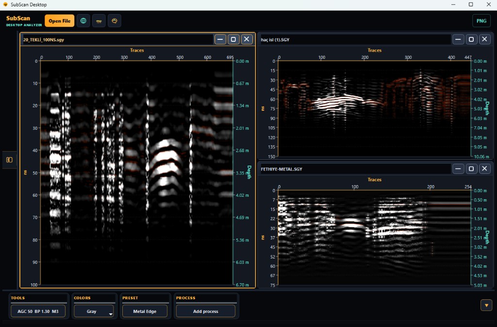 SubScan Desktop interface — multi-radargram analysis